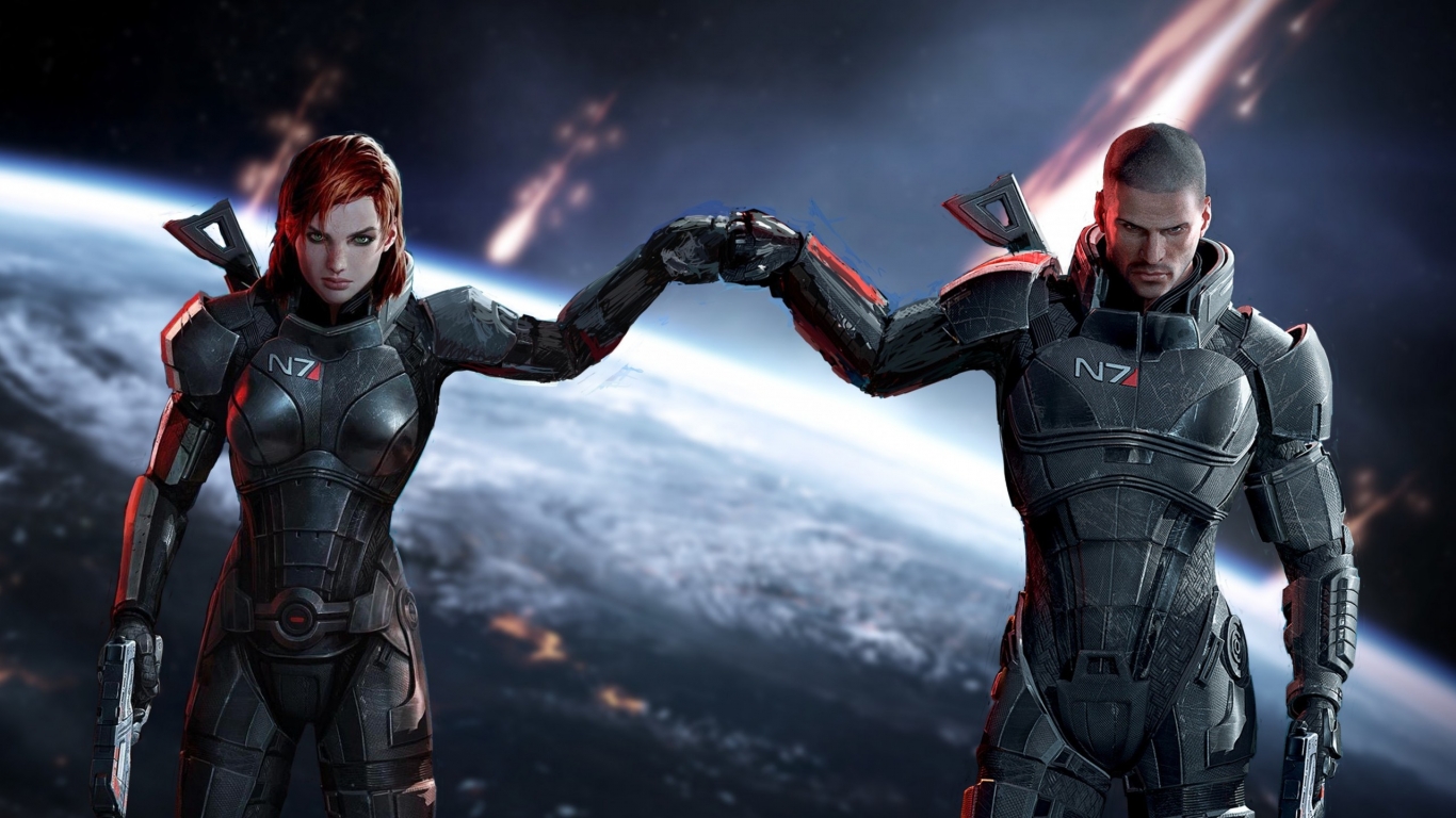 Mass Effect Jane and John Shepard for 1366 x 768 HDTV resolution