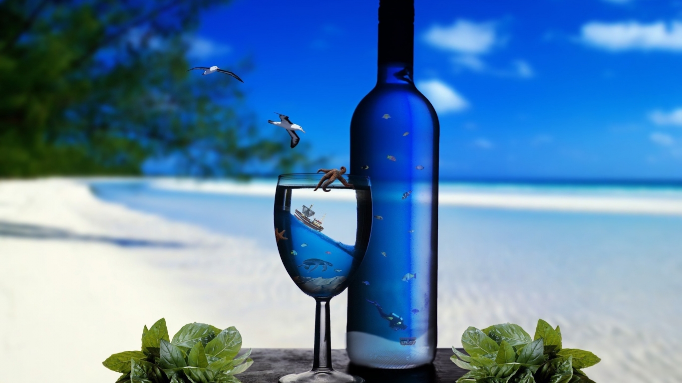 Ocean Glass Bottles for 1366 x 768 HDTV resolution