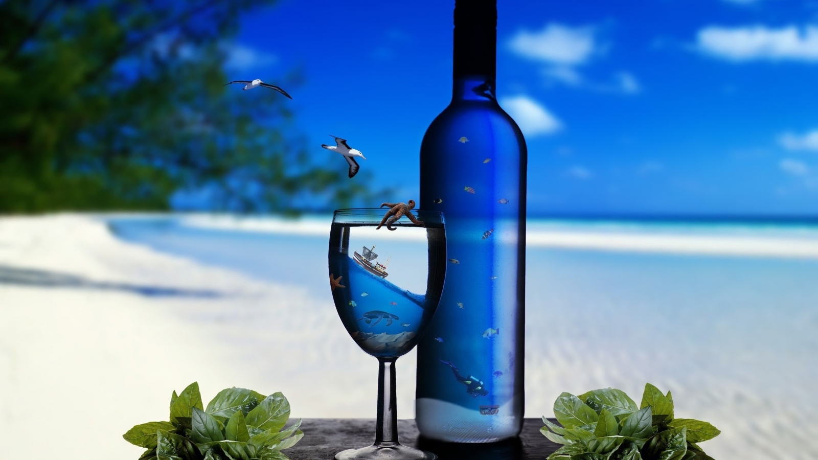 Ocean Glass Bottles for 1600 x 900 HDTV resolution