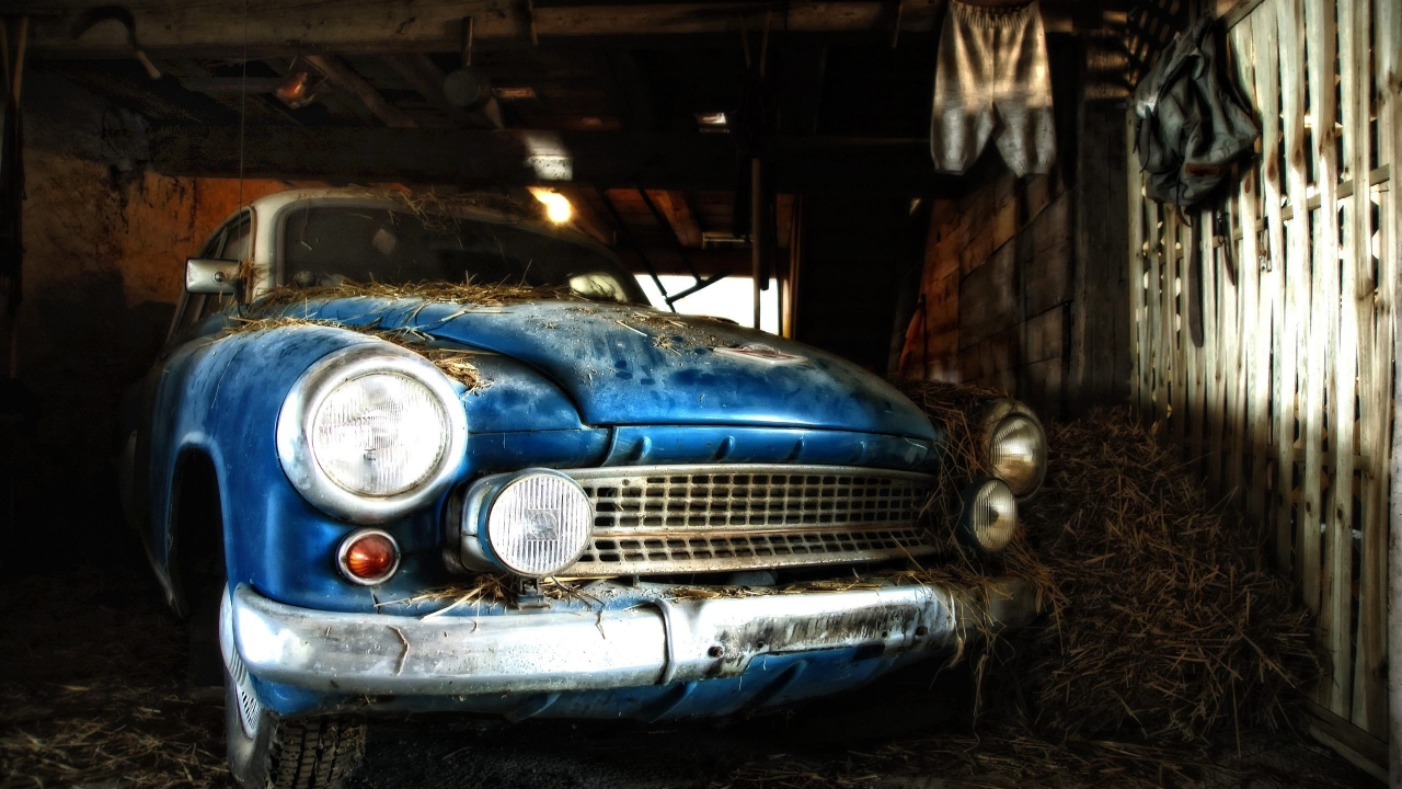 Old time car in a Shack for 1280 x 720 HDTV 720p resolution