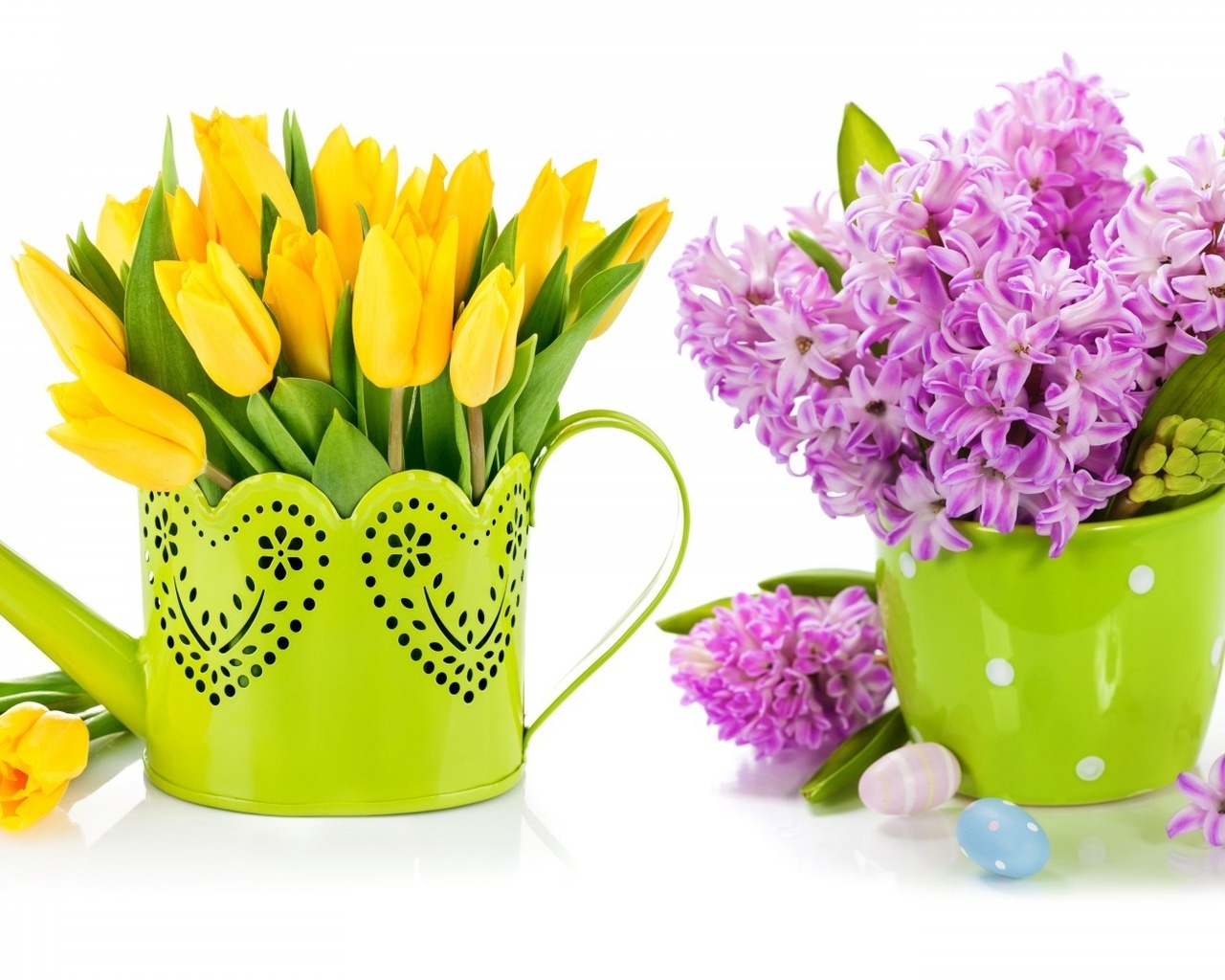Purple Lilac and Yellow Tulips for 1280 x 1024 resolution