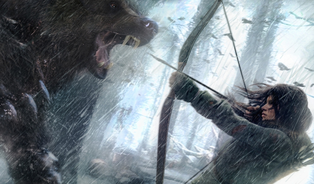 Rise of the Tomb Raider Lara Croft Fighting Bear Art for 1024 x 600 widescreen resolution