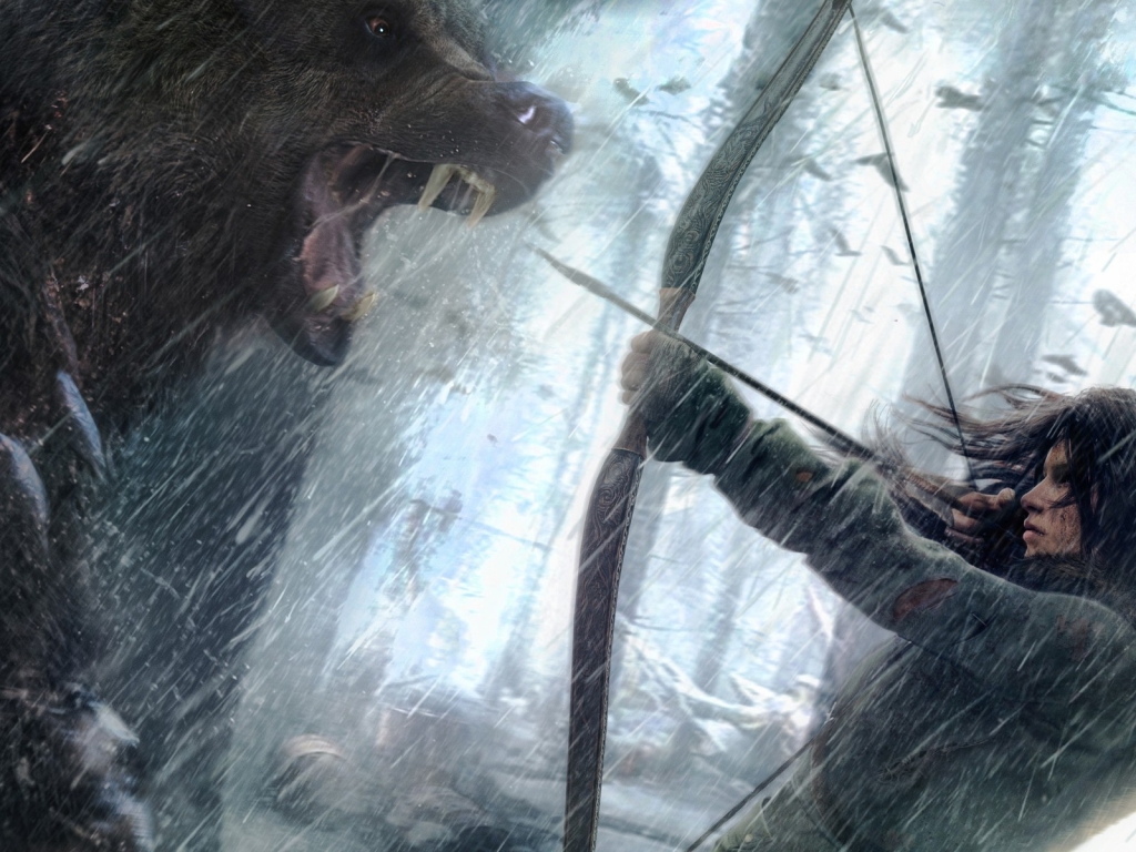 Rise of the Tomb Raider Lara Croft Fighting Bear Art for 1024 x 768 resolution