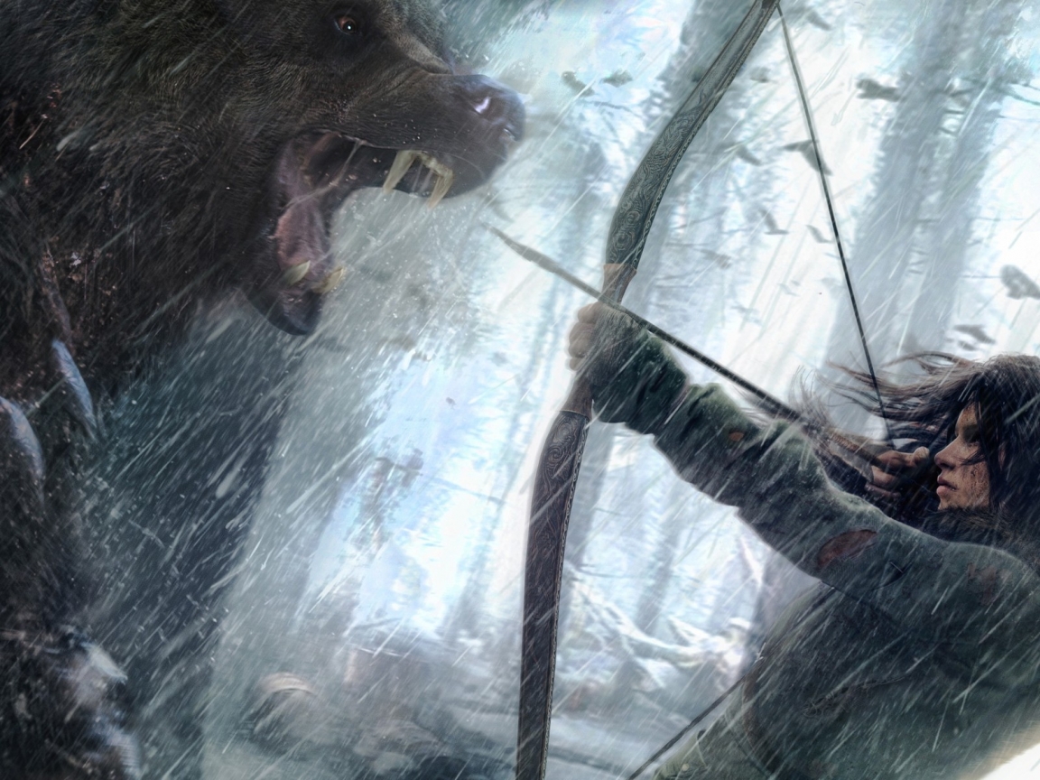 Rise of the Tomb Raider Lara Croft Fighting Bear Art for 1152 x 864 resolution