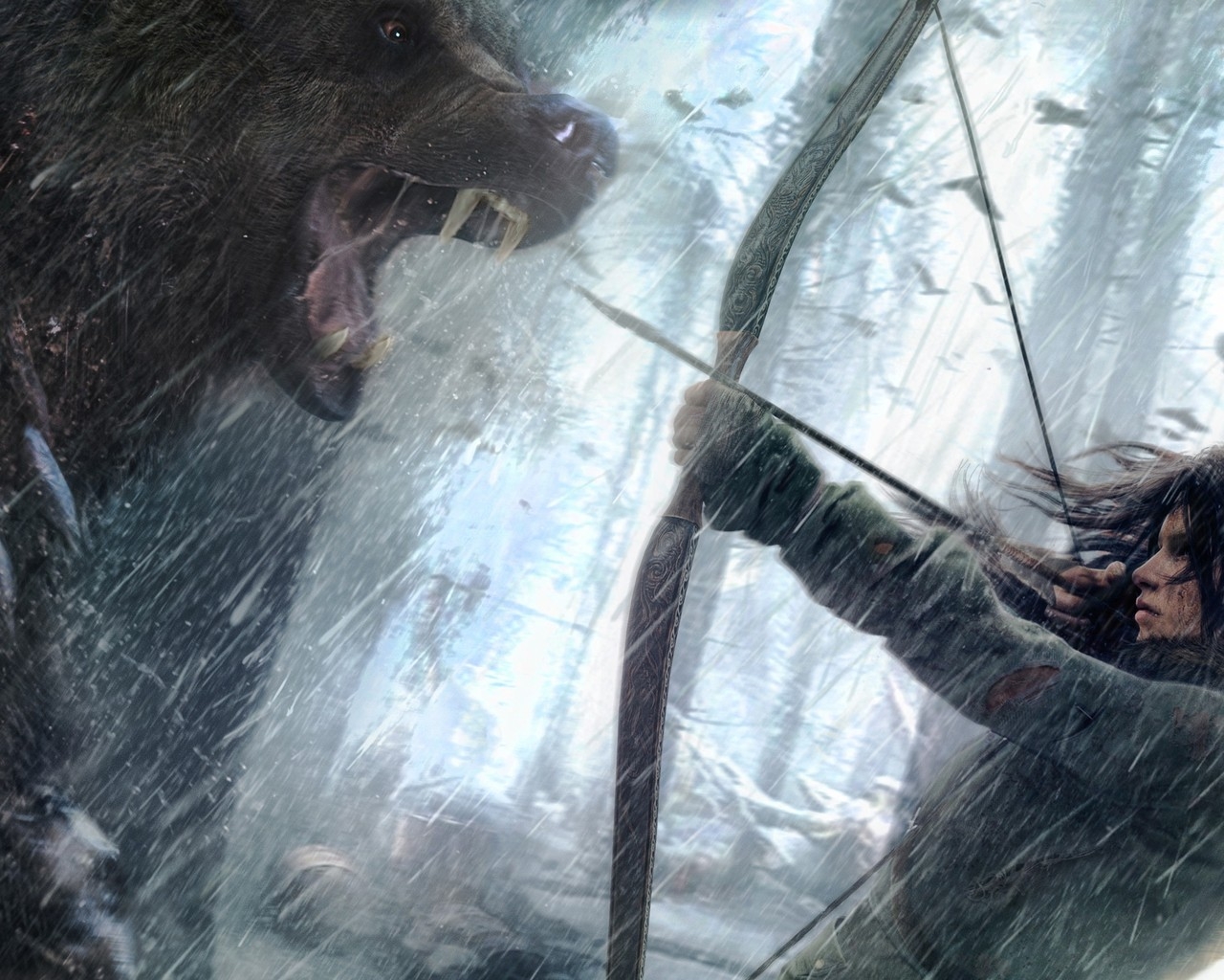 Rise of the Tomb Raider Lara Croft Fighting Bear Art for 1280 x 1024 resolution