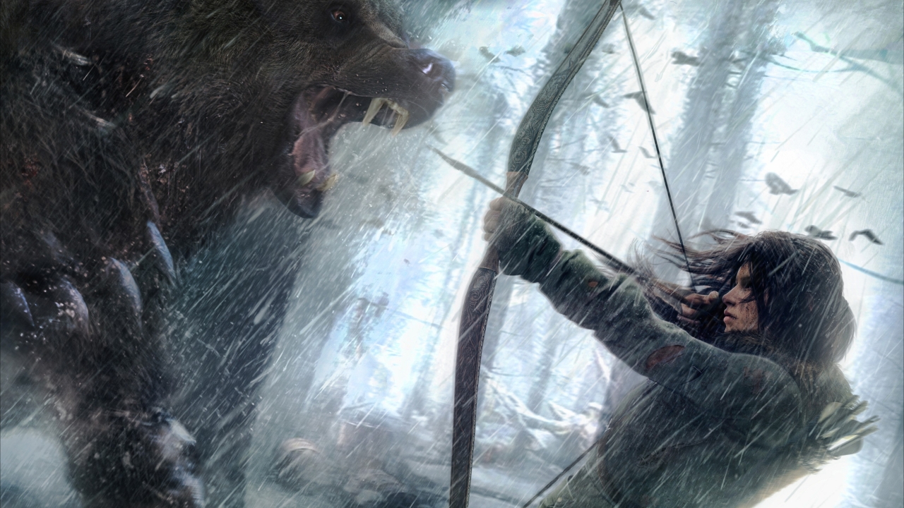 Rise of the Tomb Raider Lara Croft Fighting Bear Art for 1280 x 720 HDTV 720p resolution