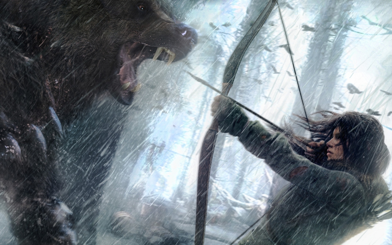 Rise of the Tomb Raider Lara Croft Fighting Bear Art for 1280 x 800 widescreen resolution