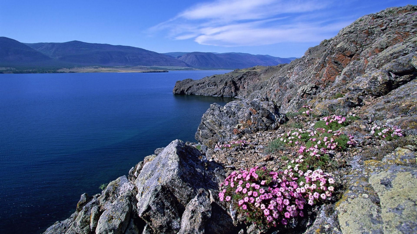Rocky Shoreline Barakchin Island Lake Baikal for 1366 x 768 HDTV resolution