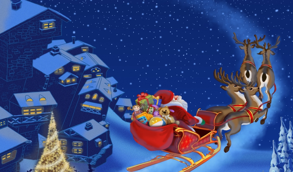 Santa Clause Flying for 1024 x 600 widescreen resolution