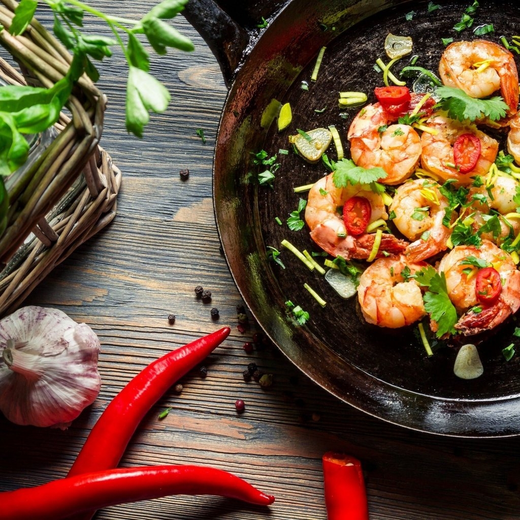 Shrimp with Pepper Chili Garlic Herbs for 1024 x 1024 iPad resolution