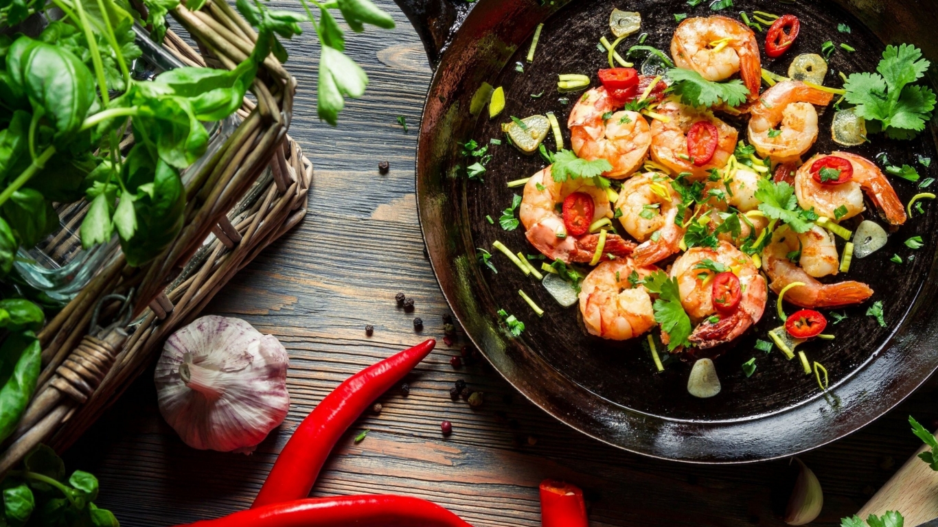 Shrimp with Pepper Chili Garlic Herbs for 1366 x 768 HDTV resolution