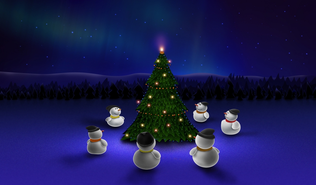 Snowman Around Christmas Tree for 1024 x 600 widescreen resolution