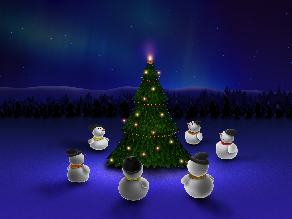 Snowman Around Christmas Tree for 1024 x 768 resolution