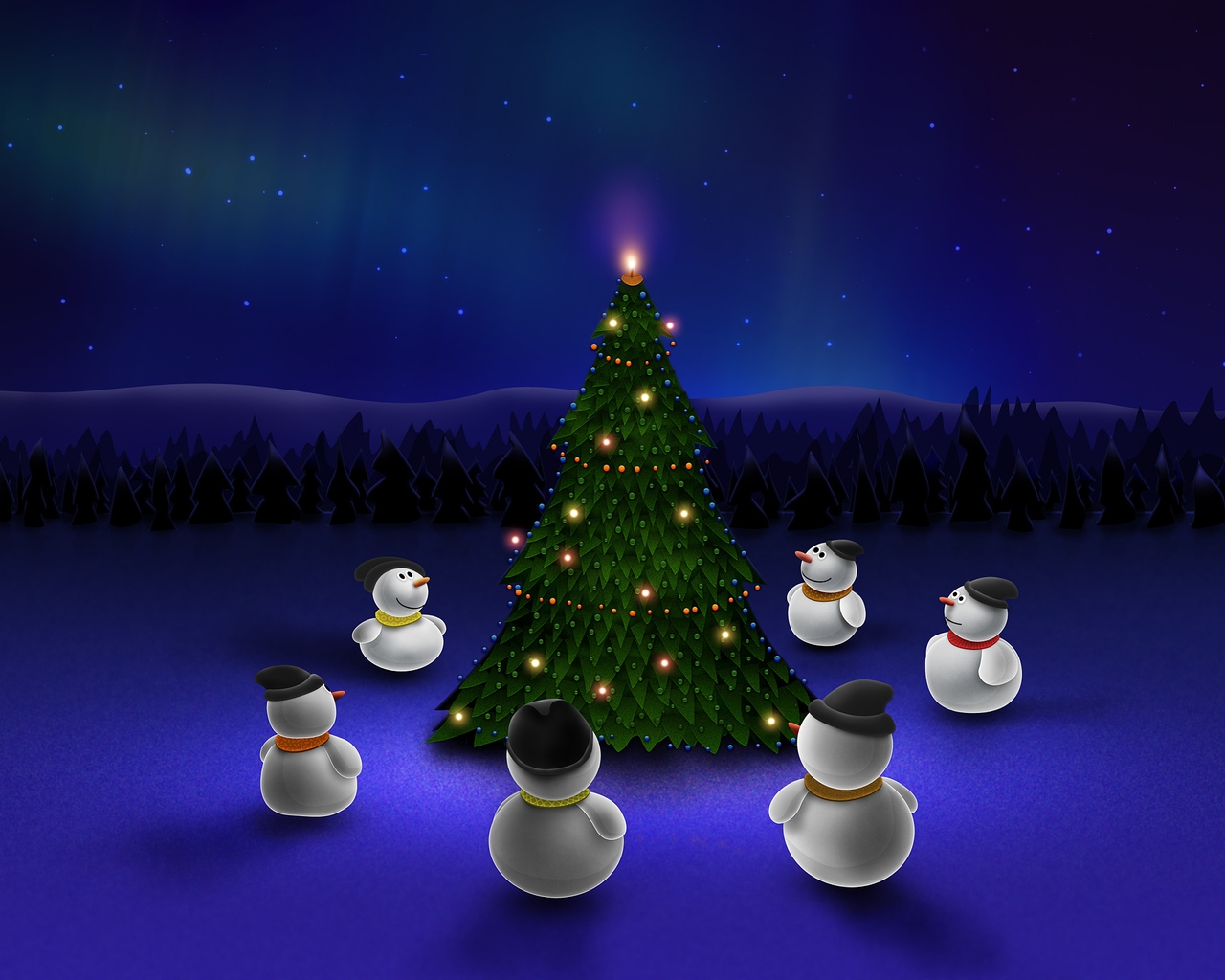 Snowman Around Christmas Tree for 1280 x 1024 resolution