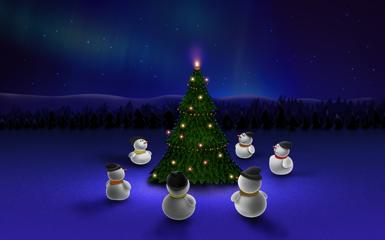 Snowman Around Christmas Tree for 1280 x 800 widescreen resolution