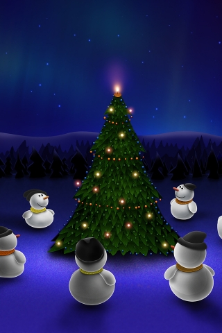 Snowman Around Christmas Tree for 320 x 480 iPhone resolution