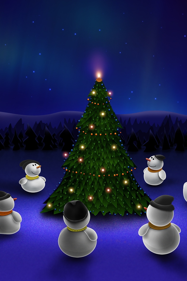 Snowman Around Christmas Tree for 640 x 960 iPhone 4 resolution
