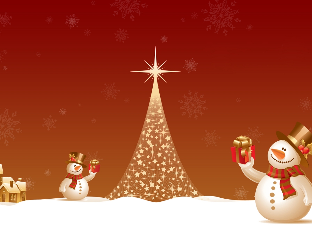 Snowman Close to Christmas Tree for 1024 x 768 resolution