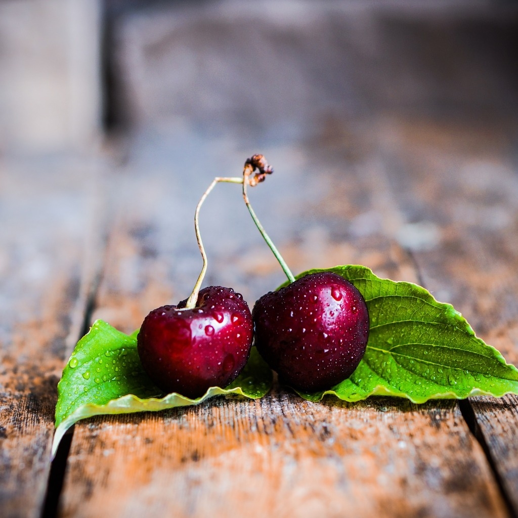 Two Cherries with Leaves for 1024 x 1024 iPad resolution