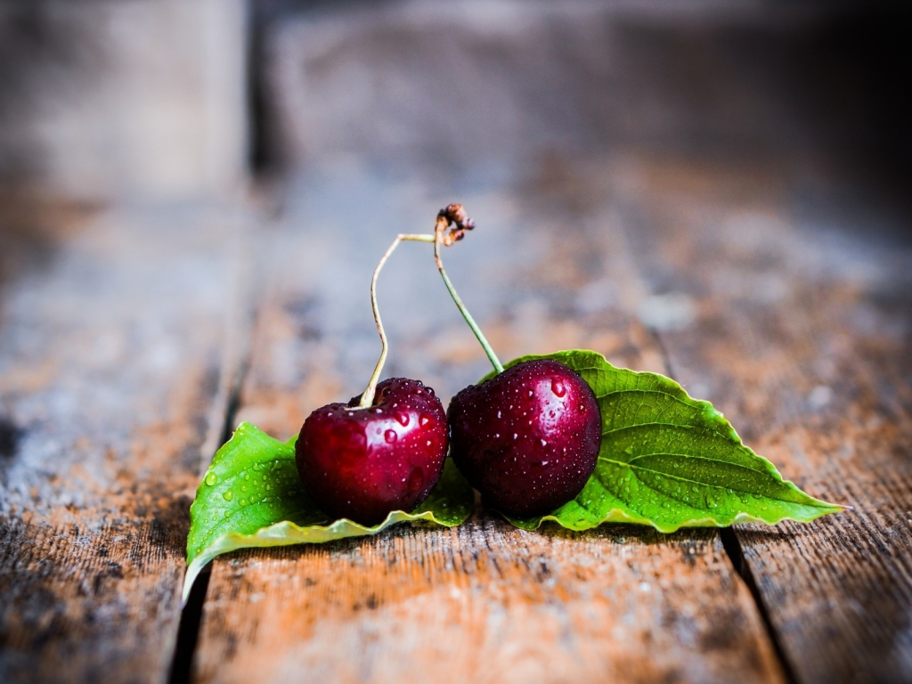 Two Cherries with Leaves for 1024 x 768 resolution