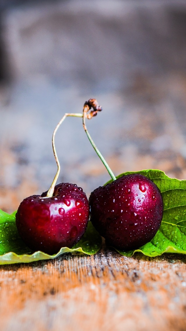 Two Cherries with Leaves for 640 x 1136 iPhone 5 resolution