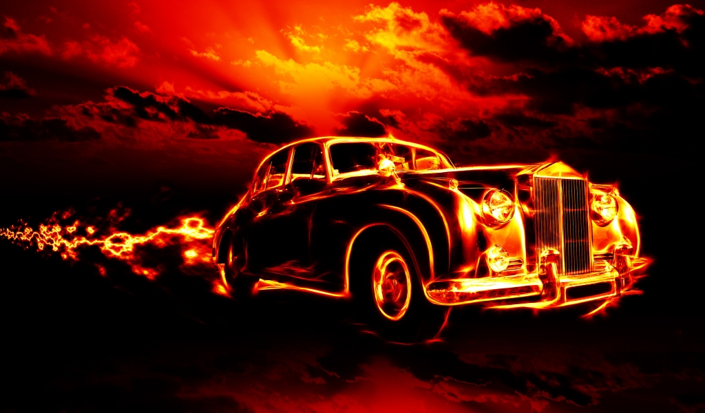 Vintage Car in Fire for 1024 x 600 widescreen resolution