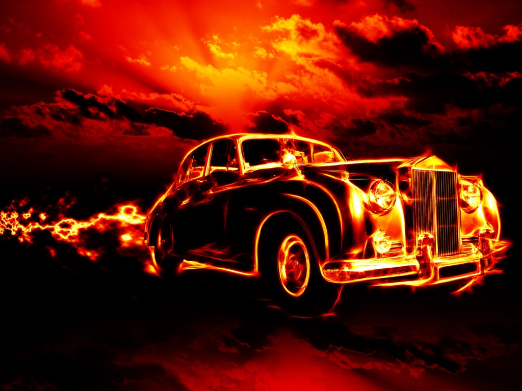 Vintage Car in Fire for 1024 x 768 resolution