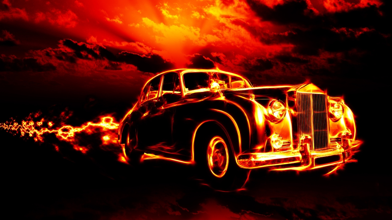 Vintage Car in Fire for 1280 x 720 HDTV 720p resolution