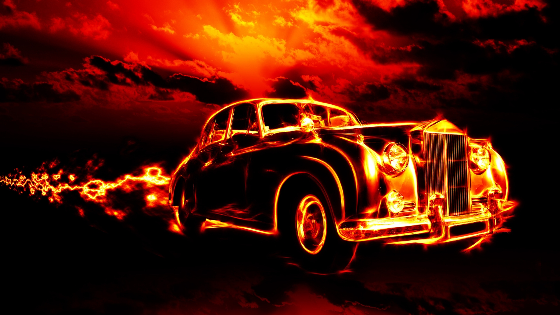 Vintage Car in Fire for 1920 x 1080 HDTV 1080p resolution