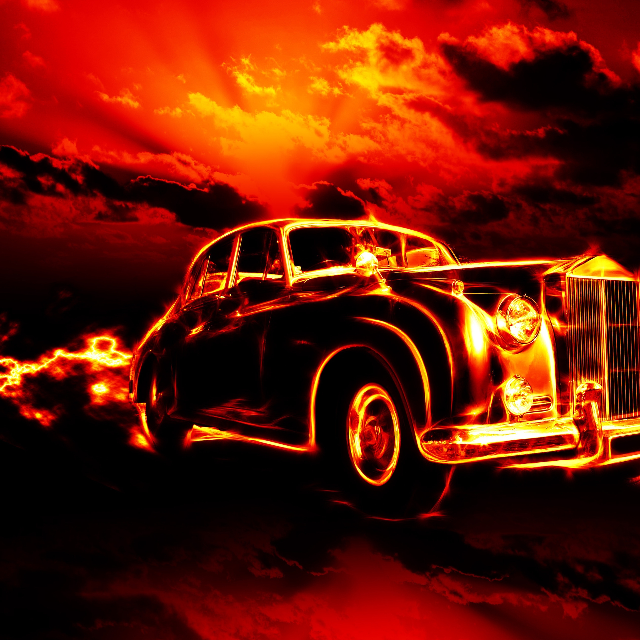 Vintage Car in Fire for 2048 x 2048 New iPad resolution