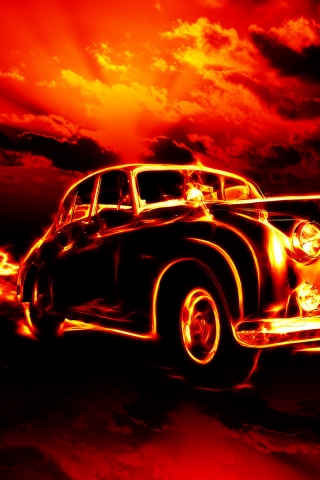 Vintage Car in Fire for 320 x 480 iPhone resolution