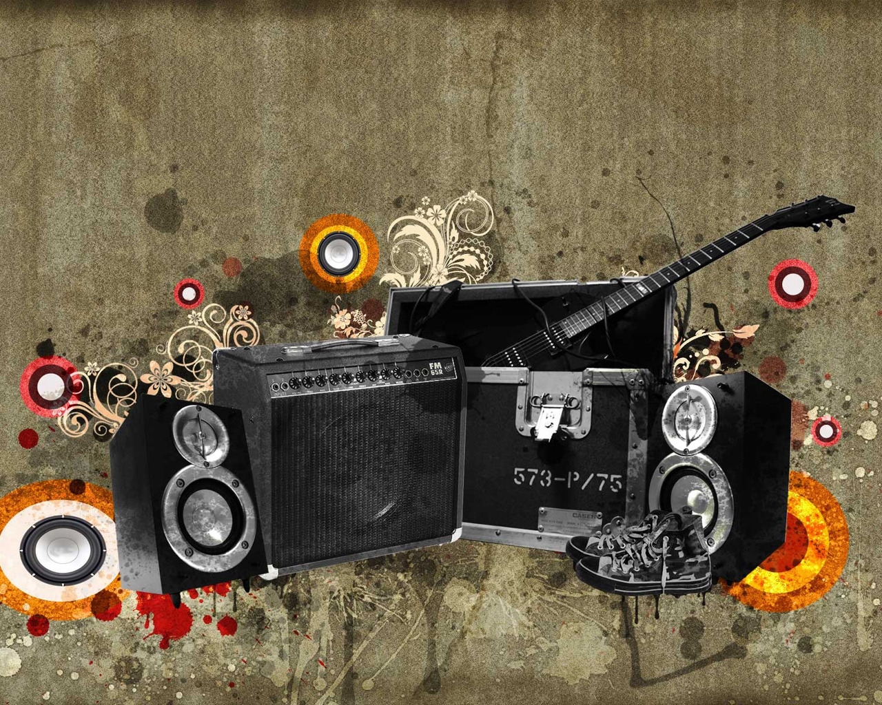 Vintage Speakers And Guitar for 1280 x 1024 resolution