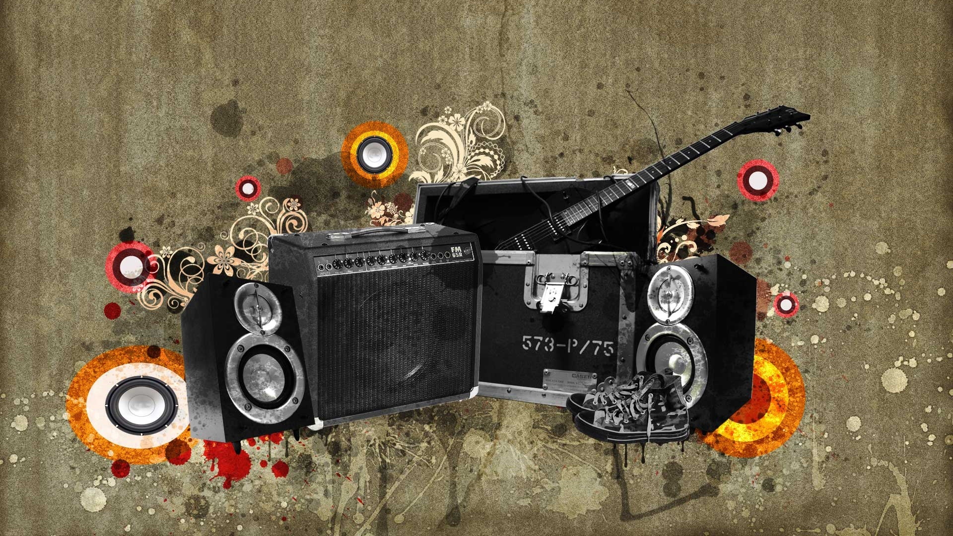 Vintage Speakers And Guitar for 1920 x 1080 HDTV 1080p resolution