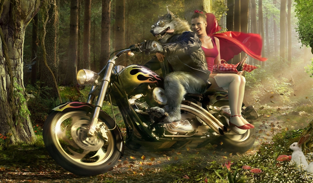 Wolf Biker and Little Red Riding Hood for 1024 x 600 widescreen resolution