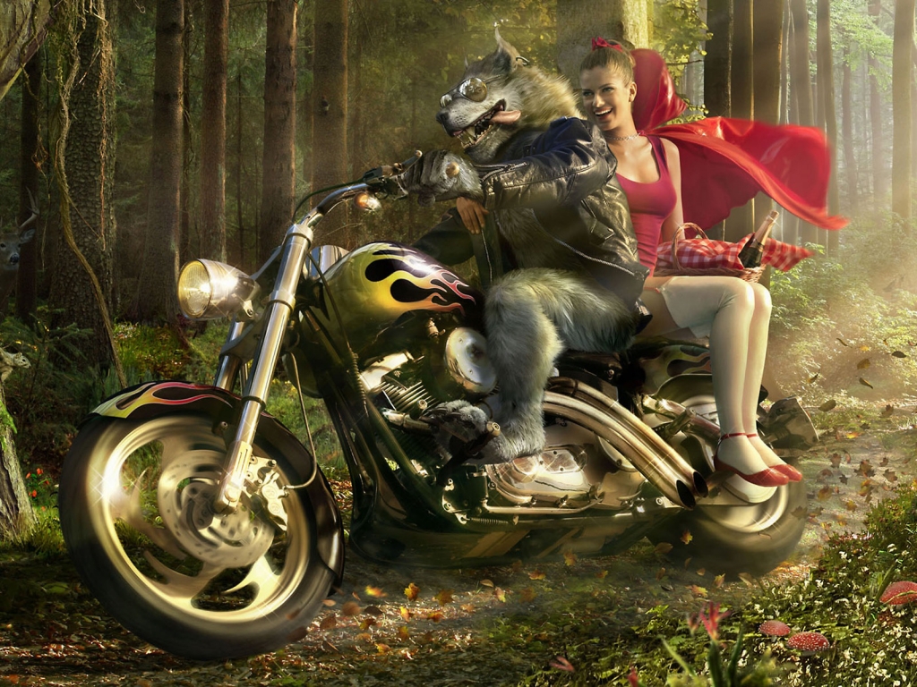 Wolf Biker and Little Red Riding Hood for 1024 x 768 resolution