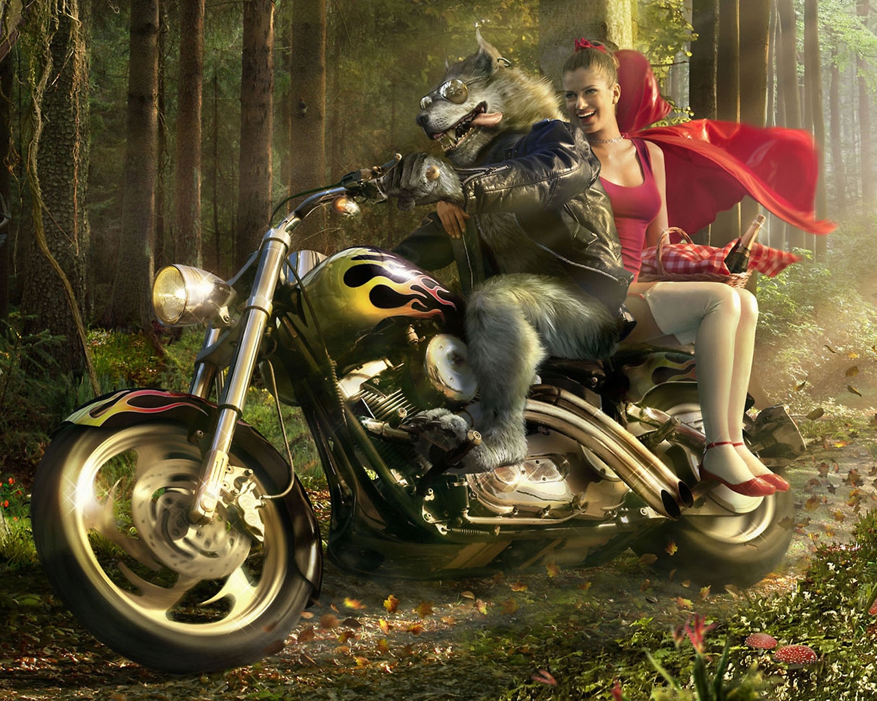Wolf Biker and Little Red Riding Hood for 1280 x 1024 resolution