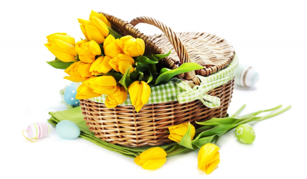 Yellow Tulips Basket for 1024 x 600 widescreen resolution